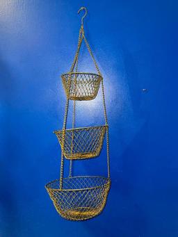 33 INCH THREE TIER VINTAGE RUSTIC WIRE HANGING STORAGE BASKET