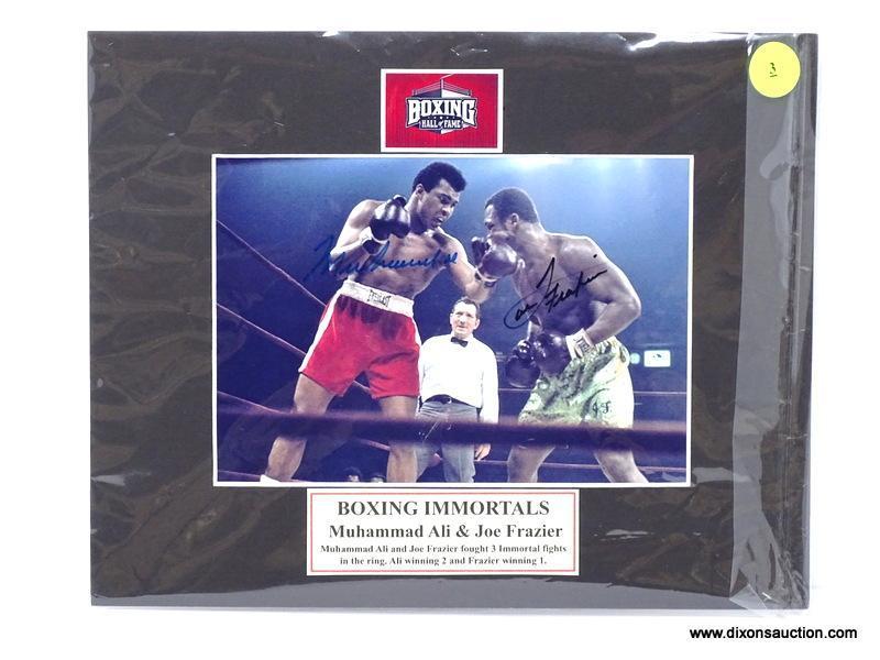"BOXING IMMORTALS" MUHAMMAD ALI & JOE FRAZIER SIGNED PHOTOGRAPH WITH MATTING. MEASURES 8 IN X 10 IN.