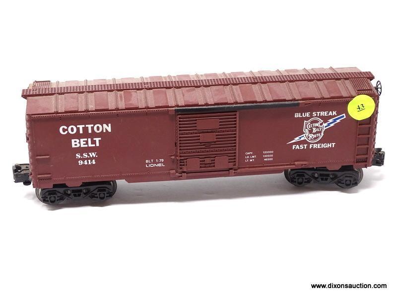 O GAUGE LIONEL 6-9414 COTTON BELT SSW BOXCAR. MEASURES 9.5 IN LONG. ITEM IS SOLD AS IS WHERE IS WITH