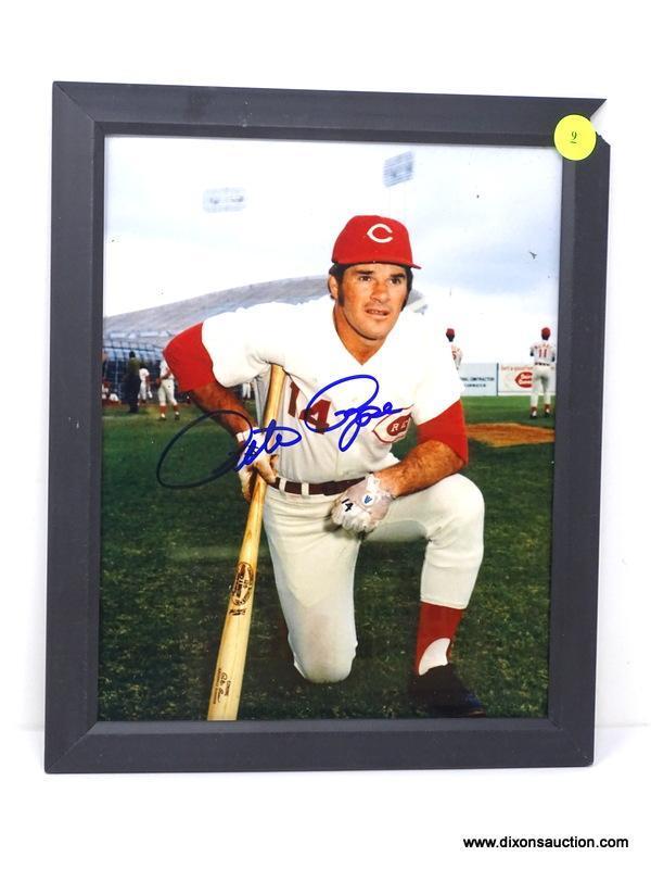 PETE ROSE SIGNED PHOTOGRAPH WITH COA. MEASURES 9.25 IN X 11.25 IN. FRAME IS DAMAGED. ITEM IS SOLD AS