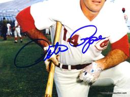 PETE ROSE SIGNED PHOTOGRAPH WITH COA. MEASURES 9.25 IN X 11.25 IN. FRAME IS DAMAGED. ITEM IS SOLD AS