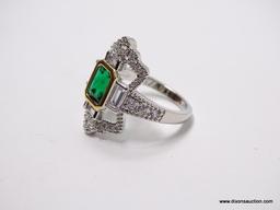 .925 STERLING SILVER LADIES 1 1/2 CT CHATAM EMERALD RING. SIZE 8.