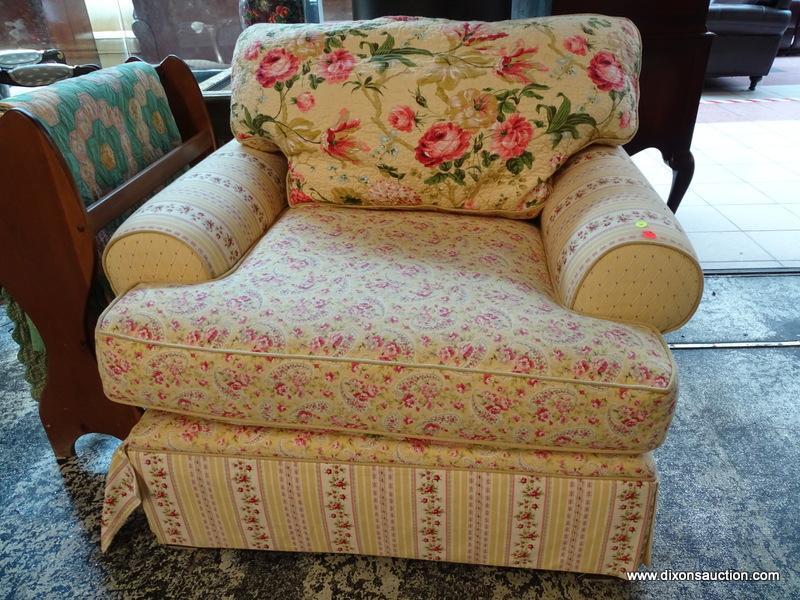 (R1) SAMUEL FREDERICK FINE FURNITURE CO. FLORAL UPHOLSTERED ARM CHAIR WITH LABEL. MEASURES 43 IN X