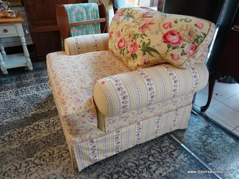 (R1) SAMUEL FREDERICK FINE FURNITURE CO. FLORAL UPHOLSTERED ARM CHAIR WITH LABEL. MEASURES 43 IN X