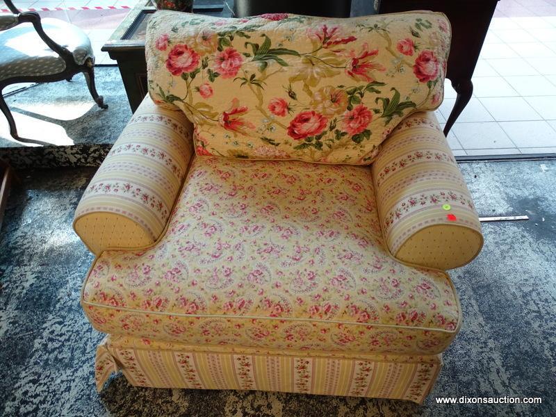 (R1) SAMUEL FREDERICK FINE FURNITURE CO. FLORAL UPHOLSTERED ARM CHAIR WITH LABEL. MEASURES 43 IN X