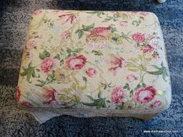 (R1) SAMUEL FREDERICK FINE FURNITURE CO. FLORAL UPHOLSTERED OTTOMAN. MEASURES 33 IN X 27 IN X 19 IN.