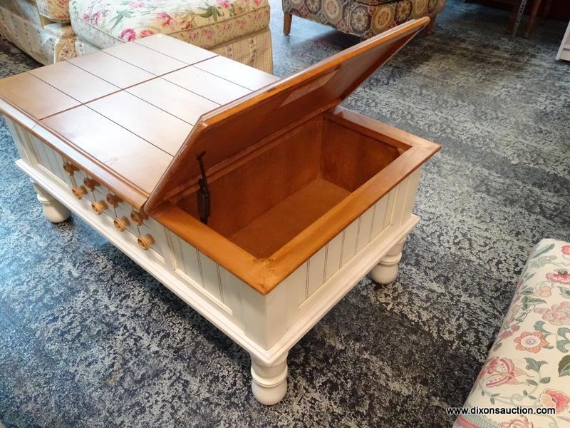 (R1) OAK AND WHITE PAINTED SINGLE DRAWER AND DOUBLE LIFT TOP COFFEE TABLE WITH INTERIOR STORAGE.