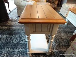 (R1) OAK AND WHITE PAINTED SINGLE DRAWER END TABLE WITH TURNED LEGS AND A LOWER SHELF. IS 1 OF A