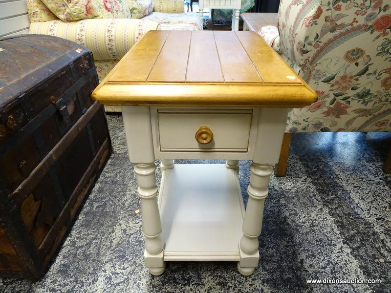 (R1) OAK AND WHITE PAINTED SINGLE DRAWER END TABLE WITH TURNED LEGS AND A LOWER SHELF. IS 1 OF A