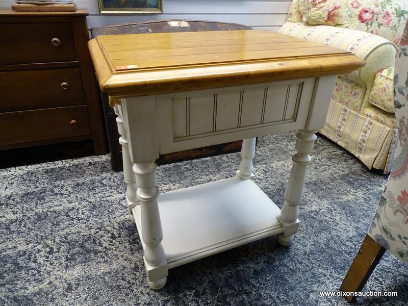 (R1) OAK AND WHITE PAINTED SINGLE DRAWER END TABLE WITH TURNED LEGS AND A LOWER SHELF. IS 1 OF A