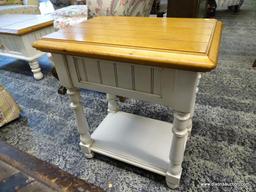 (R1) OAK AND WHITE PAINTED SINGLE DRAWER END TABLE WITH TURNED LEGS AND A LOWER SHELF. IS 1 OF A