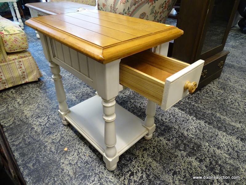 (R1) OAK AND WHITE PAINTED SINGLE DRAWER END TABLE WITH TURNED LEGS AND A LOWER SHELF. IS 1 OF A