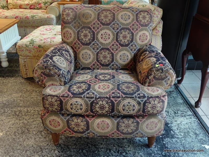 (R1) HICKORY HOUSE FURNITURE CO. FLORAL AND GEOMETRIC UPHOLSTERED ARM CHAIR WITH REEDED LEGS.
