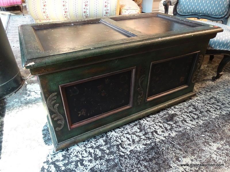 (R1) GREEN AND FLORAL PAINTED CHEST WITH ACANTHUS LEAF PAINTED ACCENTS AND SOLID GREEN PAINTED