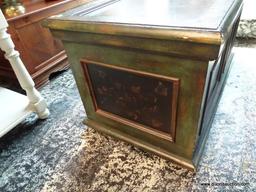 (R1) GREEN AND FLORAL PAINTED CHEST WITH ACANTHUS LEAF PAINTED ACCENTS AND SOLID GREEN PAINTED