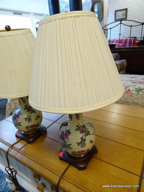 (R1) PAIR OF BUTTERFLY THEMED ORIENTAL STYLE LAMPS WITH SHADES AND ROSEWOOD BASES. EACH MEASURES