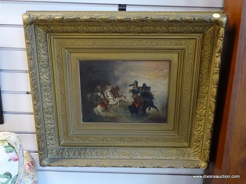 (R1) ANTIQUE OIL ON CANVAS OF A PAIR OF CALVARY MEN FIGHTING WITH SWORDS IN AN ANTIQUE GOLD TONE