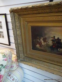 (R1) ANTIQUE OIL ON CANVAS OF A PAIR OF CALVARY MEN FIGHTING WITH SWORDS IN AN ANTIQUE GOLD TONE