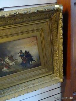 (R1) ANTIQUE OIL ON CANVAS OF A PAIR OF CALVARY MEN FIGHTING WITH SWORDS IN AN ANTIQUE GOLD TONE