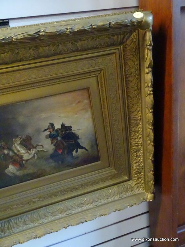 (R1) ANTIQUE OIL ON CANVAS OF A PAIR OF CALVARY MEN FIGHTING WITH SWORDS IN AN ANTIQUE GOLD TONE