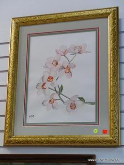 (R1) FRAMED AND TRIPLE MATTED CHERRY BLOSSOM PRINT IN A GOLD TONE FRAME. IS SIGNED V.C.C. MEASURES