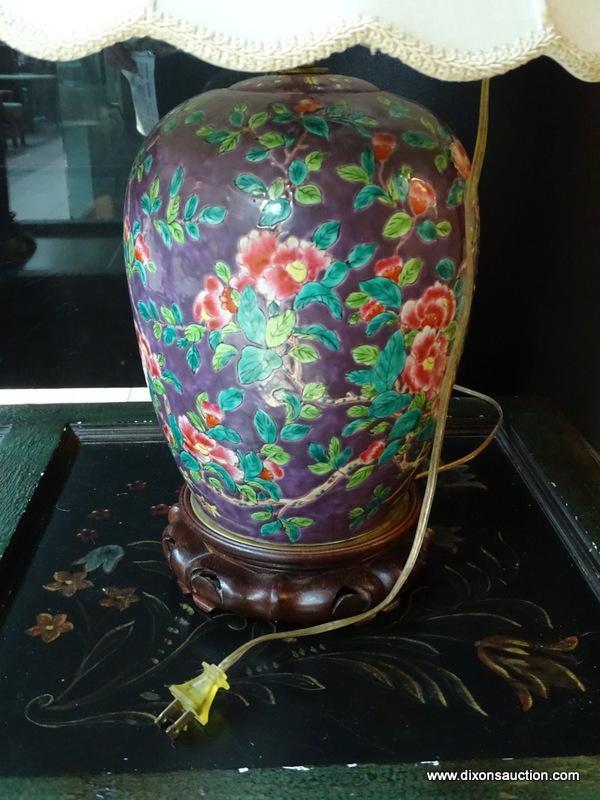 (R1) PURPLE AND BIRD THEME ORIENTAL GINGER JAR STYLE LAMP WITH ROSEWOOD BASE AND CLOTH SHADE WITH