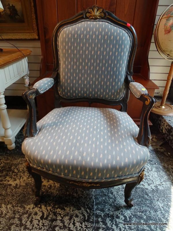 (R1) MAHOGANY AND BLUE UPHOLSTERED ARM CHAIR WITH UPHOLSTERED SEAT, BACK, AND ARMS. HAS A GOLD