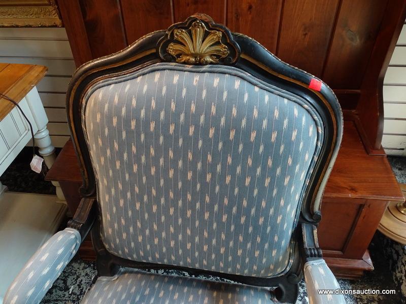(R1) MAHOGANY AND BLUE UPHOLSTERED ARM CHAIR WITH UPHOLSTERED SEAT, BACK, AND ARMS. HAS A GOLD