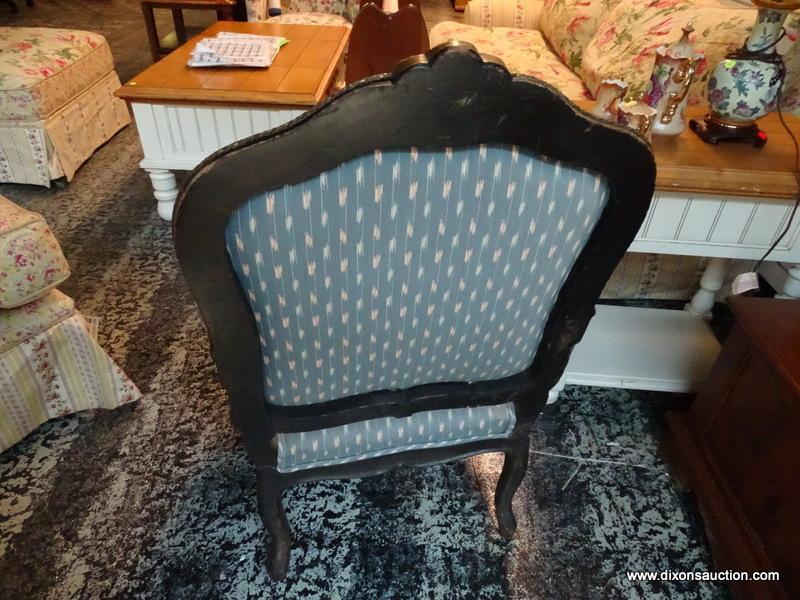 (R1) MAHOGANY AND BLUE UPHOLSTERED ARM CHAIR WITH UPHOLSTERED SEAT, BACK, AND ARMS. HAS A GOLD