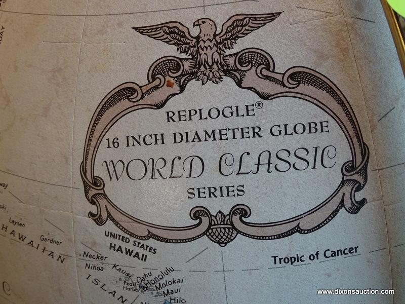 (R1) REPLOGLE GLOBE OF THE WORLD FROM THE WORLD CLASSIC SERIES ON MAPLE STAND. MEASURES 16 IN X 37