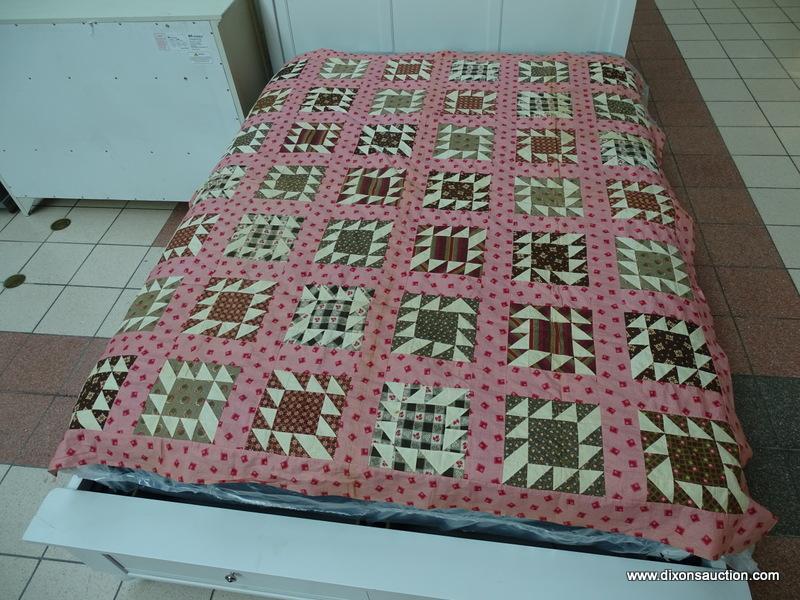 (R1) GEOMETRIC PATTERN QUILT IN HUES OF TURQOUISE, YELLOW AND WHITE. ITEM IS SOLD AS IS WHERE IS