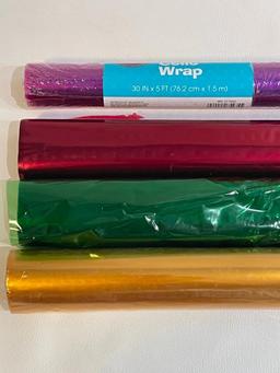 (S12L) FOUR ROLLS MULTI COLORED CELLO WRAP CELLOPHANE GREEN YELLOW RED PURPLE