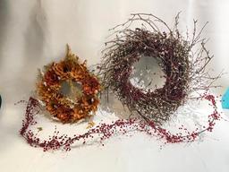 (S11K) COUNTRY CHIC TWIG & DRIED FLORAL WREATHS AND BEADED GARLAND. LARGE WREATH IS 18 INCHES