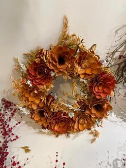 (S11K) COUNTRY CHIC TWIG & DRIED FLORAL WREATHS AND BEADED GARLAND. LARGE WREATH IS 18 INCHES