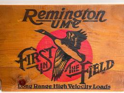 (S12L) VINTAGE WOODEN ADVERTISING SIGNS & YARDSTICKS INCLUDING REMINGTON FIRST IN THE FIELD LONG