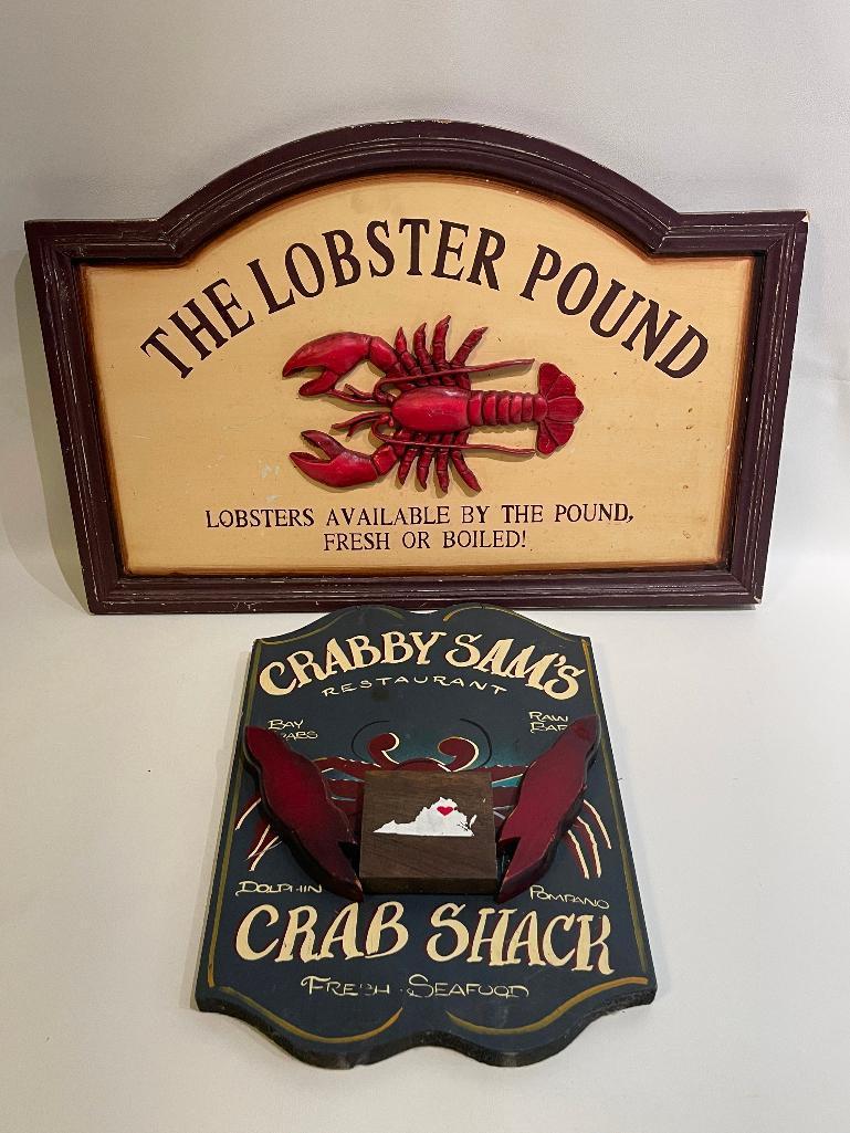 (S11K) DECORATIVE WOOD SIGNS THE LOBSTER POUND & CRABBY SAM'S RESTAURANT NAUTICAL BEACH DECOR