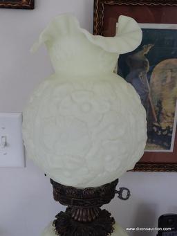 (MBR) OFF-WHITE OPAQUE GLASS PARLOR LAMP WITH FLORAL PATTERN AND BRASS ACCENTS & BASE. MEASURES 23