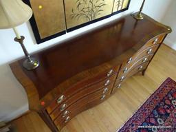 (DR) BIG RIVER BY LANE FURNITURE CO BANDED SIDE-BOARD WITH 8 DRAWERS AND BRASS OVAL PULLS AS WELL AS