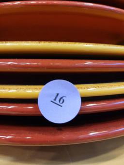 PIER 1 TOSCANA HAND PAINTED EARTHENWARE - 3 EACH BURGANDY PLATES AND BOWLS, 2 EACH GOLD PLATES AND