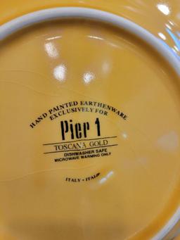 PIER 1 TOSCANA HAND PAINTED EARTHENWARE - 3 EACH BURGANDY PLATES AND BOWLS, 2 EACH GOLD PLATES AND