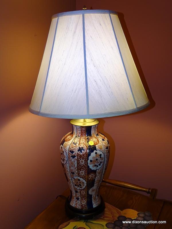 (LR) IMARI LAMP WITH SHADE- 34 IN H, ITEM IS SOLD AS IS WHERE IS WITH NO GUARANTEES OR WARRANTY, NO