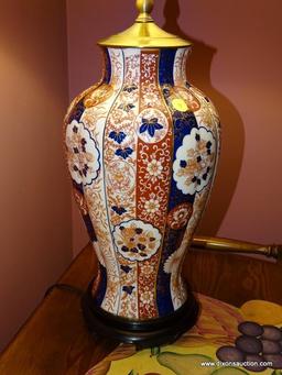 (LR) IMARI LAMP WITH SHADE- 34 IN H, ITEM IS SOLD AS IS WHERE IS WITH NO GUARANTEES OR WARRANTY, NO