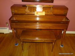 (LR) CHERRY WURLITZER CONSOLE PIANO WITH INLAID EAGLE IN MUSIC STAND WITH BENCH- 58 IN X 24 IN X