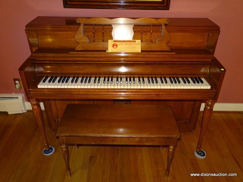 (LR) CHERRY WURLITZER CONSOLE PIANO WITH INLAID EAGLE IN MUSIC STAND WITH BENCH- 58 IN X 24 IN X