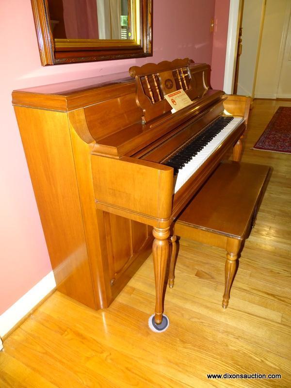 (LR) CHERRY WURLITZER CONSOLE PIANO WITH INLAID EAGLE IN MUSIC STAND WITH BENCH- 58 IN X 24 IN X