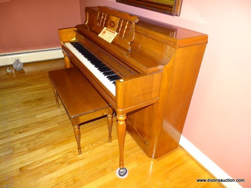 (LR) CHERRY WURLITZER CONSOLE PIANO WITH INLAID EAGLE IN MUSIC STAND WITH BENCH- 58 IN X 24 IN X