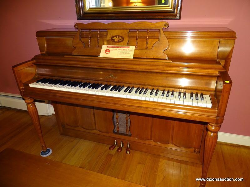 (LR) CHERRY WURLITZER CONSOLE PIANO WITH INLAID EAGLE IN MUSIC STAND WITH BENCH- 58 IN X 24 IN X