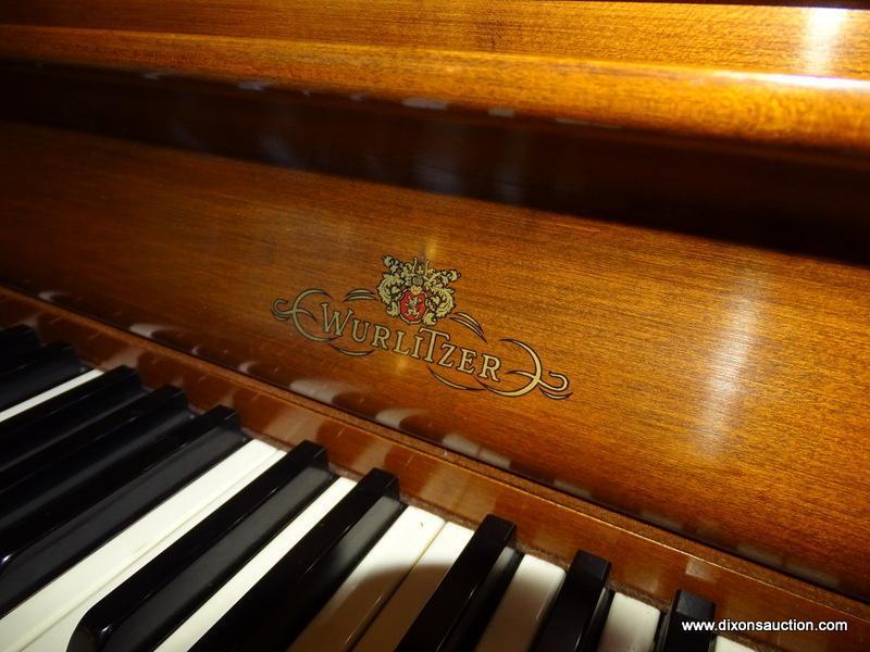 (LR) CHERRY WURLITZER CONSOLE PIANO WITH INLAID EAGLE IN MUSIC STAND WITH BENCH- 58 IN X 24 IN X