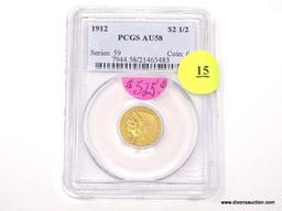 1912 $2.50 GOLD INDIAN - AU 58. GRADED BY PCGS.