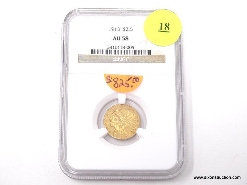 1913 $2.50 GOLD INDIAN - AU 58. GRADED BY NGC.